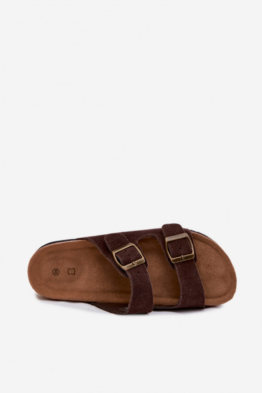 Pantofole in pelle scamosciata marroni con fibbie Rosaliae