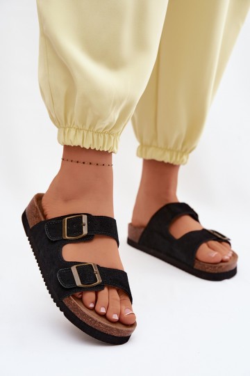 Pantofole in pelle scamosciata nere con fibbie Rosaliae
