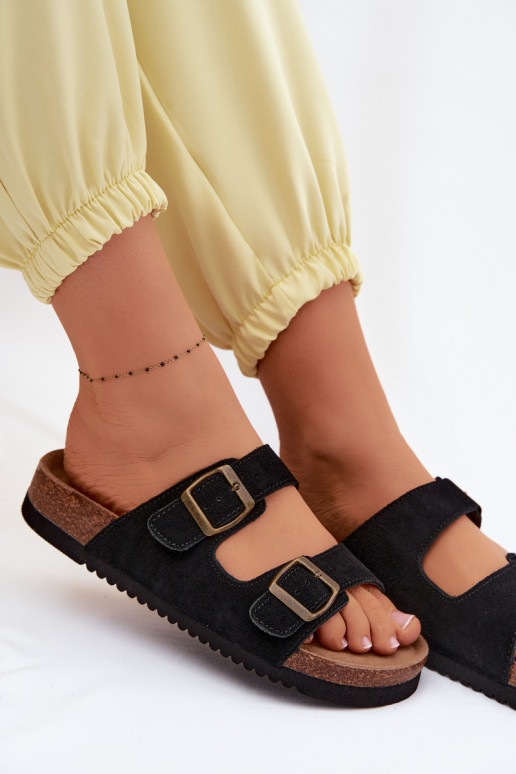 Pantofole in pelle scamosciata nere con fibbie Rosaliae