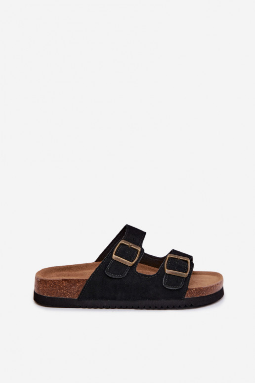 Pantofole in pelle scamosciata nere con fibbie Rosaliae