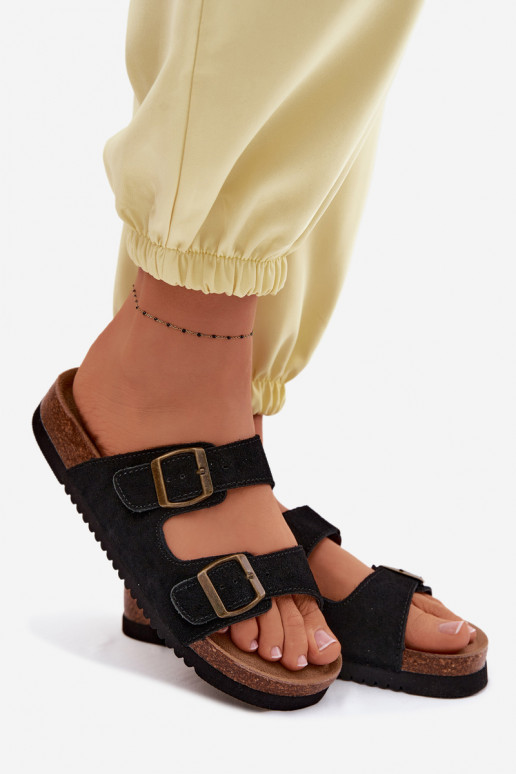 Pantofole in pelle scamosciata nere con fibbie Rosaliae