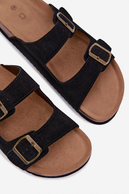 Pantofole in pelle scamosciata nere con fibbie Rosaliae
