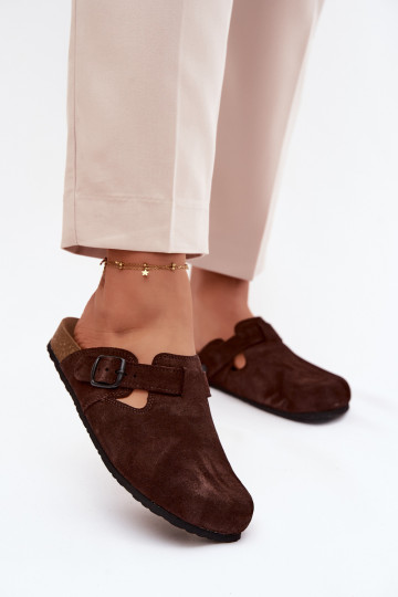 Mule in pelle scamosciata con fibbie Zazoo 1905, colore cioccolato