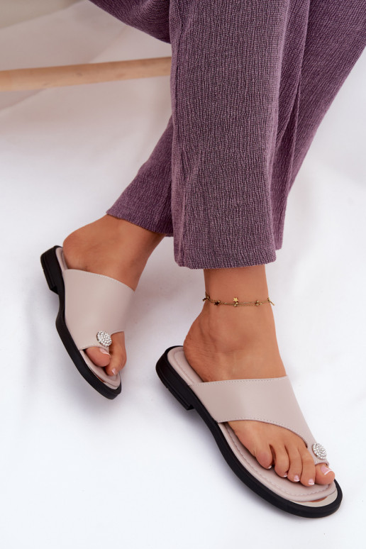 Pantofole in pelle Pantofole Femminile con tacchi larghi Vinceza 62307 beige