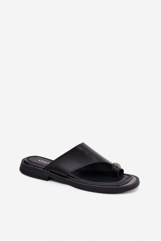 Pantofole in pelle Pantofole Femminile con tacchi larghi Vinceza 62307 colore nero