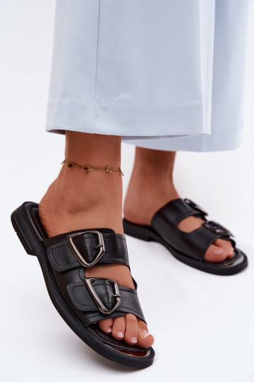 Pantofole in pelle Femminile con fibbie Vinceza 62304 colore nero