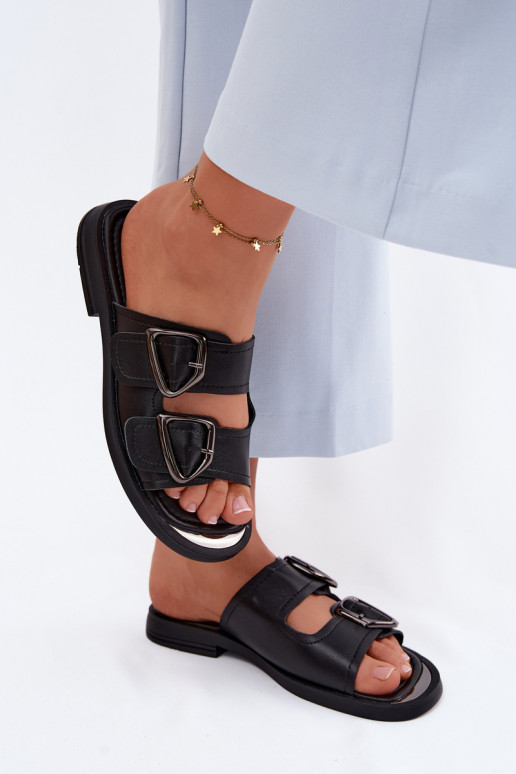Pantofole in pelle nere da donna con fibbie Vinceza 62304