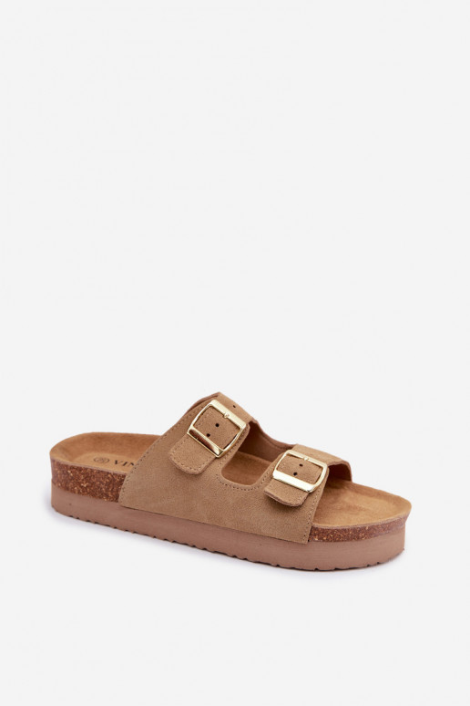 Pantofole in pelle con piattaforma e fibbie Vinceza 102657, colore sabbia