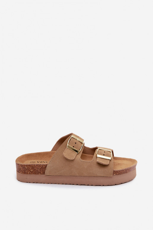 Pantofole in pelle con piattaforma e fibbie Vinceza 102657, colore sabbia