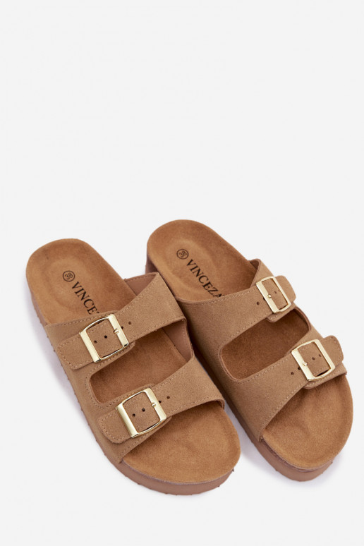 Pantofole in pelle con piattaforma e fibbie Vinceza 102657, colore sabbia