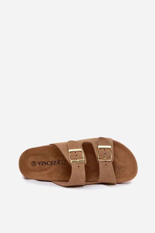 Pantofole in pelle con piattaforma e fibbie Vinceza 102657, colore sabbia