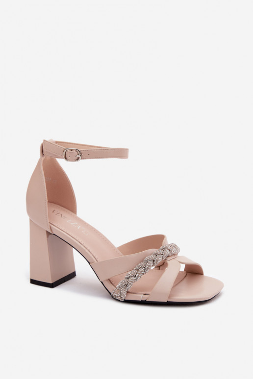 Sandali beige da donna con tacco basso e punti lucidi Vinceza 62298