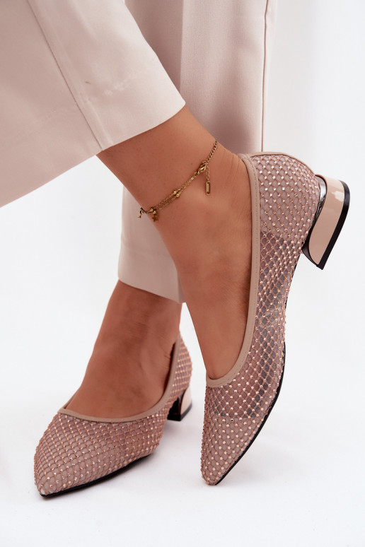 Ballerine beige con tacco basso e decorazione in rete Vinceza 62294