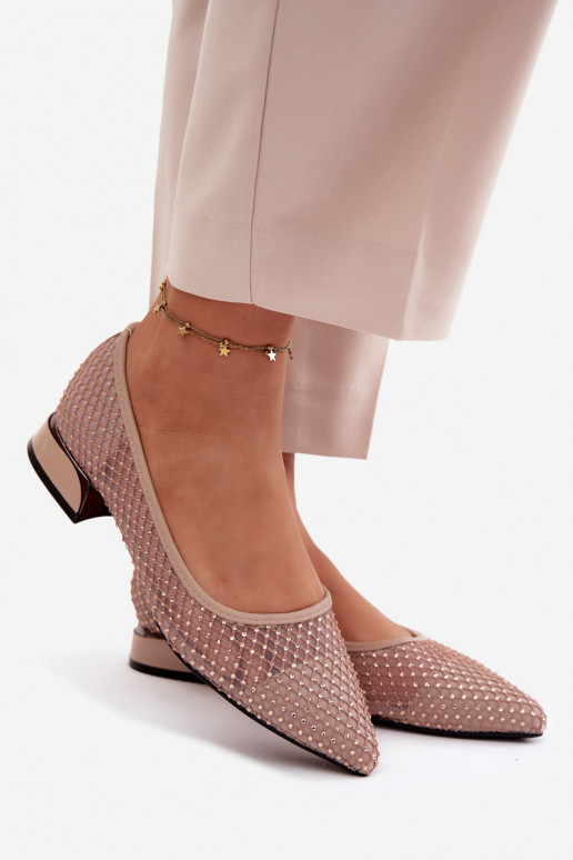 Ballerine beige con tacco basso e decorazione in rete Vinceza 62294