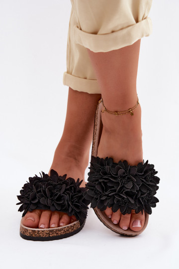 Pantofole da donna Su suola in sughero Con decorazionii con motivi florealikami colore nero Seleneza