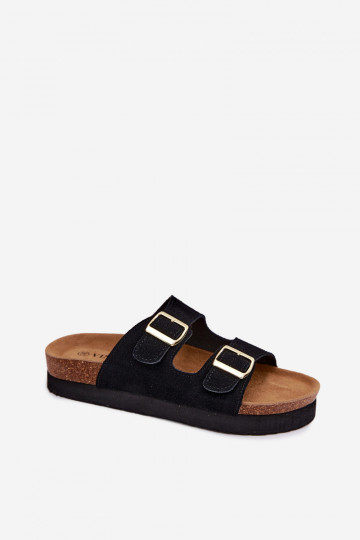 Chinelos in finta suede neri con piattaforma e fibbie Vinceza 102657 2