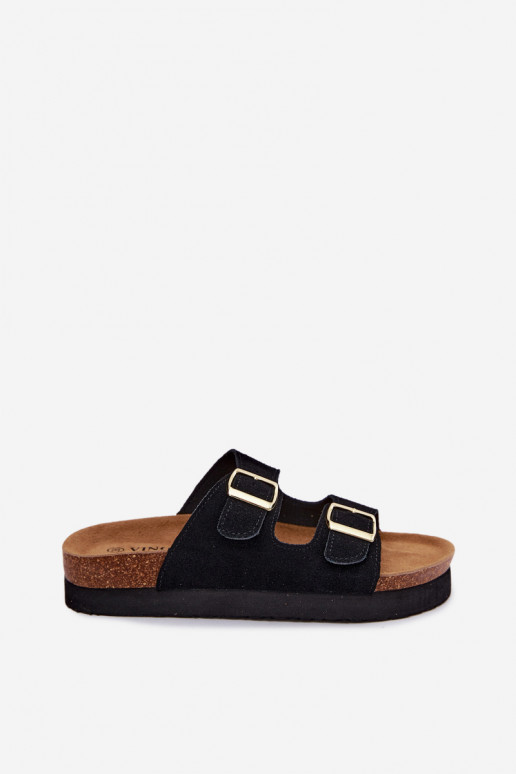 Chinelos in finta suede neri con piattaforma e fibbie Vinceza 102657