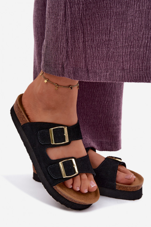 Pelle Pantofole da donna in pelle scamosciata con una piattaforma con fibbie Vinceza 102657 colore nero