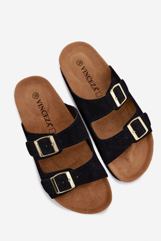 Pelle Pantofole da donna in pelle scamosciata con una piattaforma con fibbie Vinceza 102657 colore nero