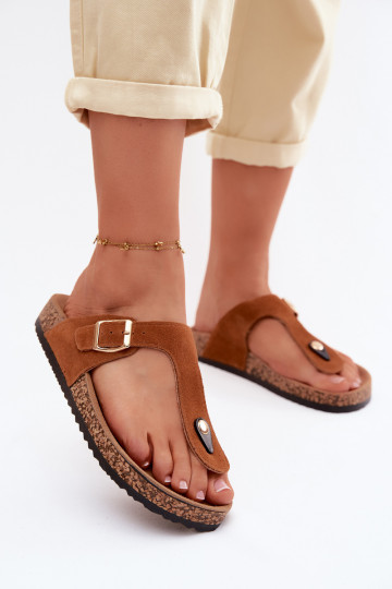 Pantofole in ecopelle scamosciata marrone con fibbie dorate Honey 2