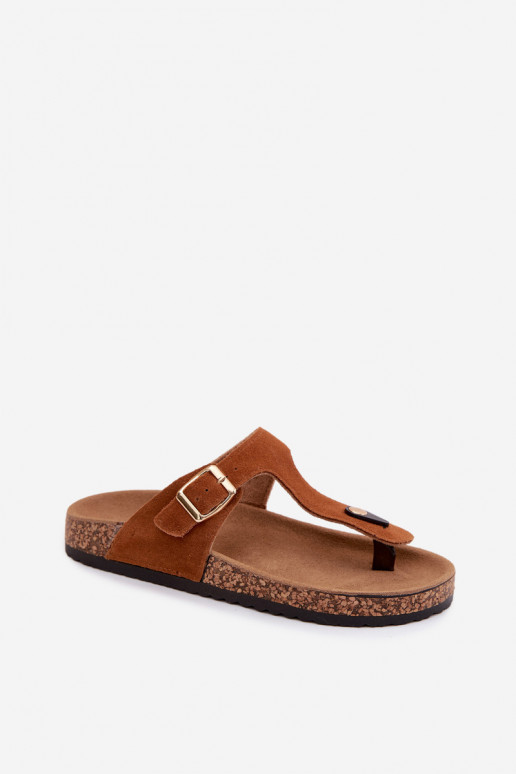 Pantofole in ecopelle scamosciata marrone con fibbie dorate Honey