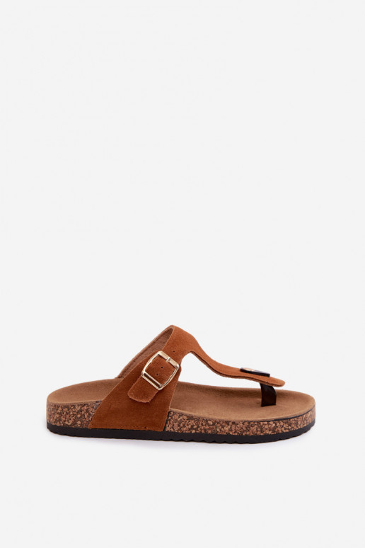 Pantofole in ecopelle scamosciata marrone con fibbie dorate Honey