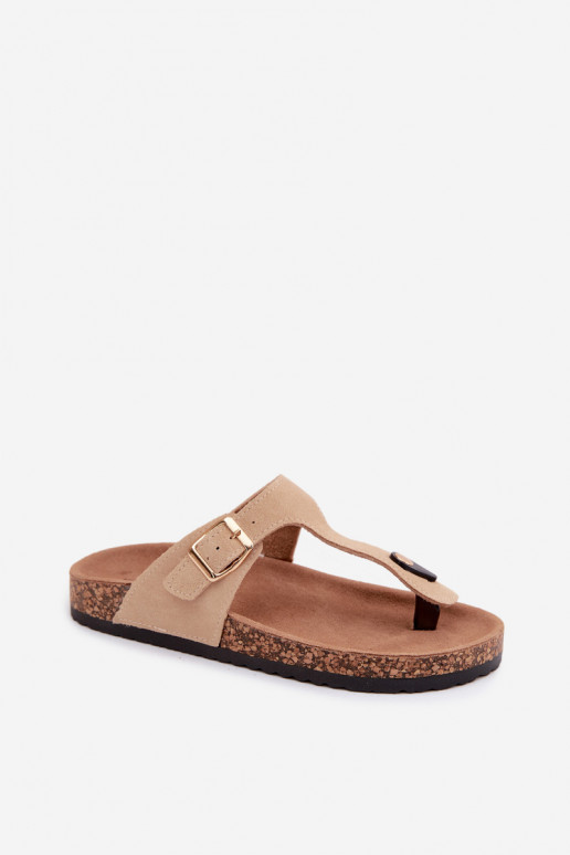 Pantofole in ecopelle scamosciata sabbia con fibbie dorate Honey