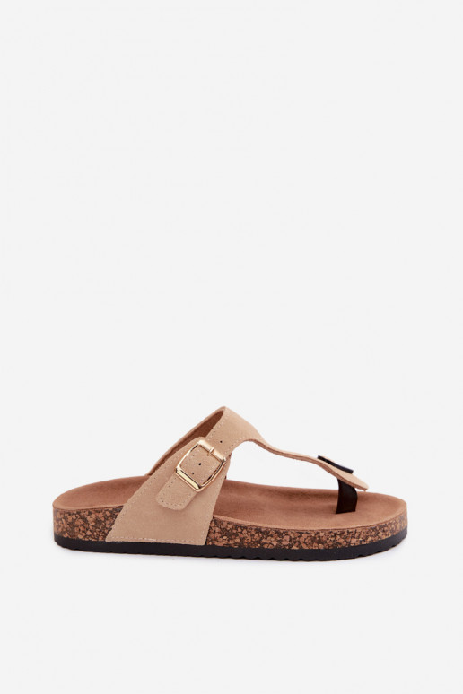 Pantofole in ecopelle scamosciata sabbia con fibbie dorate Honey