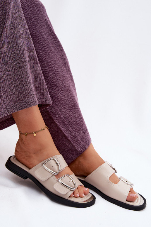 Pantofole in pelle Femminile con fibbie Vinceza 62304 beige