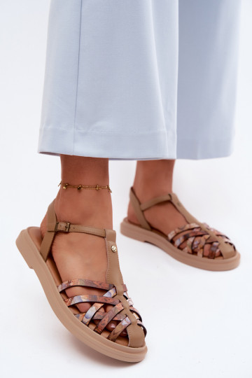 Sandali piatti in pelle per donna con cinturini color sabbia