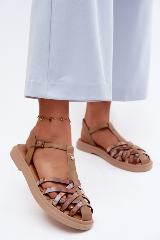 Sandali piatti in pelle per donna con cinturini color sabbia