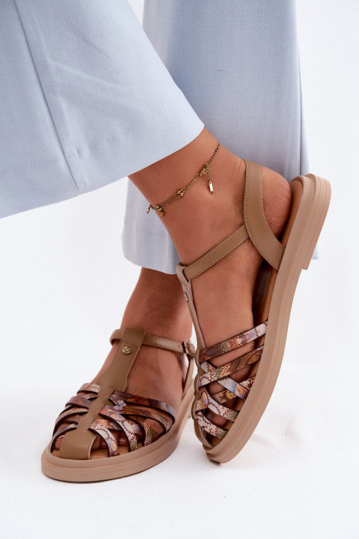 Sandali piatti in pelle per donna con cinturini color sabbia