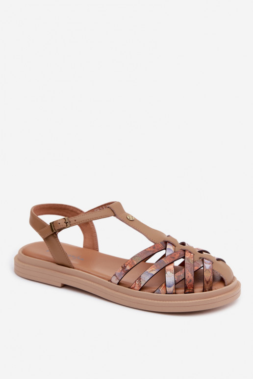 Sandali piatti in pelle per donna con cinturini color sabbia