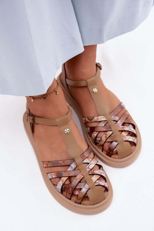Sandali piatti in pelle per donna con cinturini color sabbia