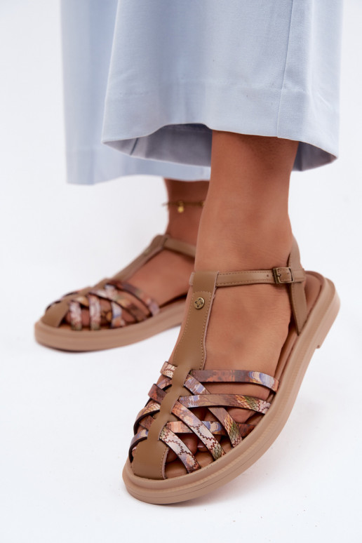 Sandali piatti in pelle per donna con cinturini color sabbia