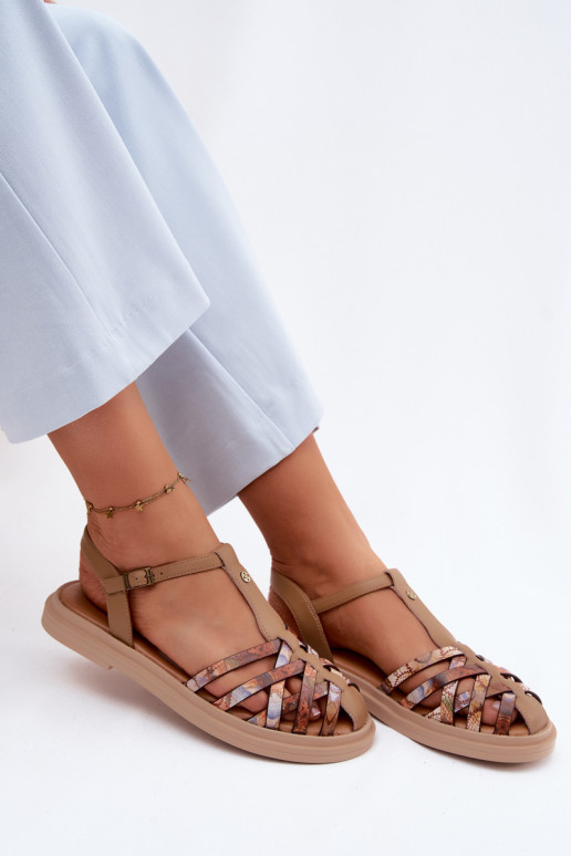 Sandali piatti in pelle per donna con cinturini color sabbia