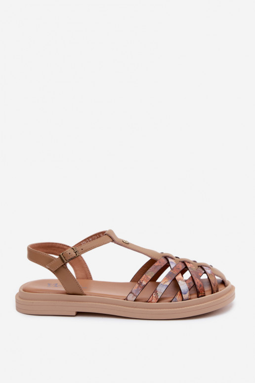 Sandali piatti in pelle per donna con cinturini color sabbia