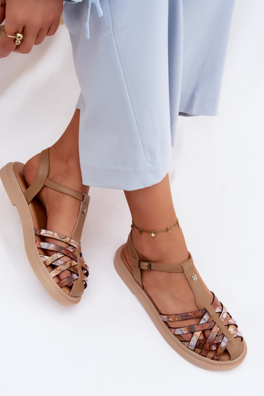 Sandali piatti in pelle per donna con cinturini color sabbia