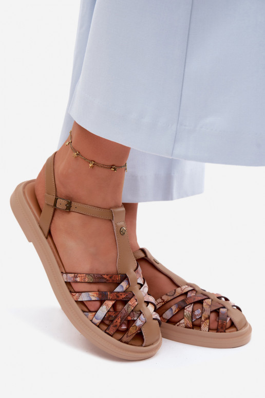 Sandali piatti in pelle per donna con cinturini color sabbia