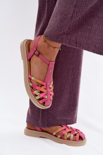 Sandali piatti in pelle per donna con cinturini rosa