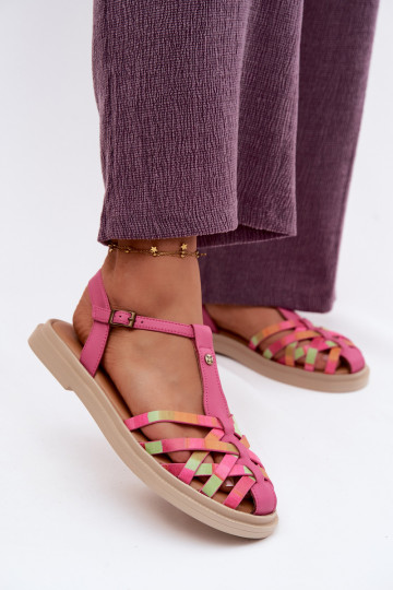 Sandali piatti in pelle per donna con cinturini rosa 2
