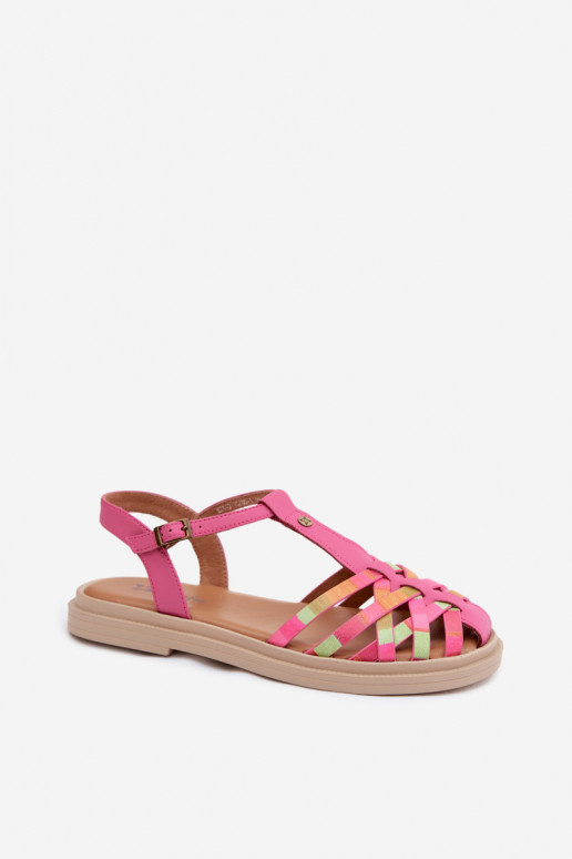 Sandali piatti in pelle per donna con cinturini rosa