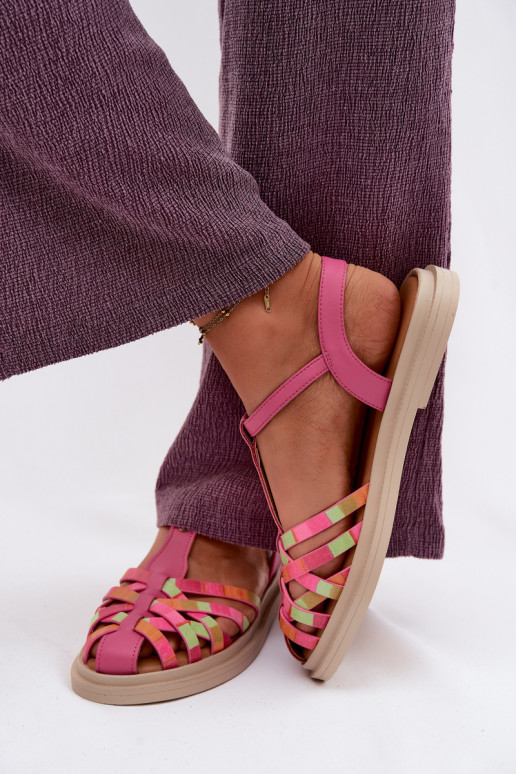 Sandali piatti in pelle per donna con cinturini rosa