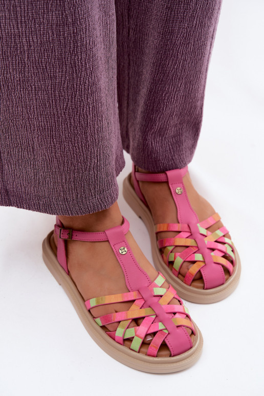 Sandali piatti in pelle per donna con cinturini rosa