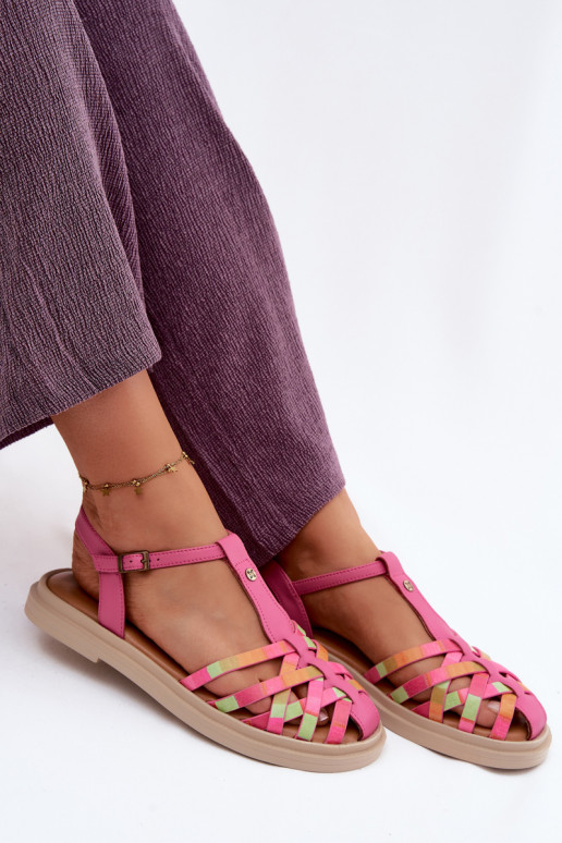 Sandali piatti in pelle per donna con cinturini rosa