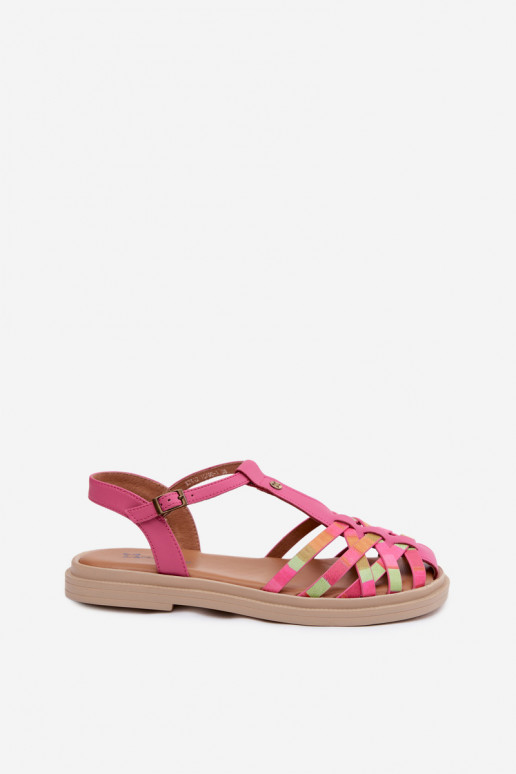 Sandali piatti in pelle per donna con cinturini rosa