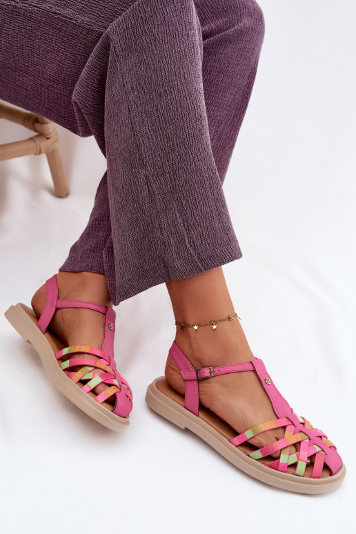 Sandali piatti in pelle per donna con cinturini rosa
