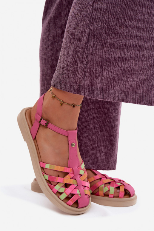 Sandali piatti in pelle per donna con cinturini rosa