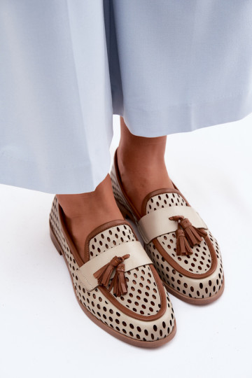 Pelle con elementi traforati scarpe mocassini da donna Deveciejka HJ760-14 marrone-beige