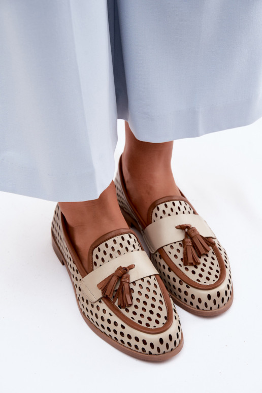 Pelle con elementi traforati scarpe mocassini da donna Deveciejka HJ760-14 marrone-beige